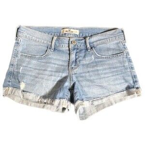 Hollister Distressed Light Wash Frayed Folded Cuff Denim Jeans Shorts Size 3